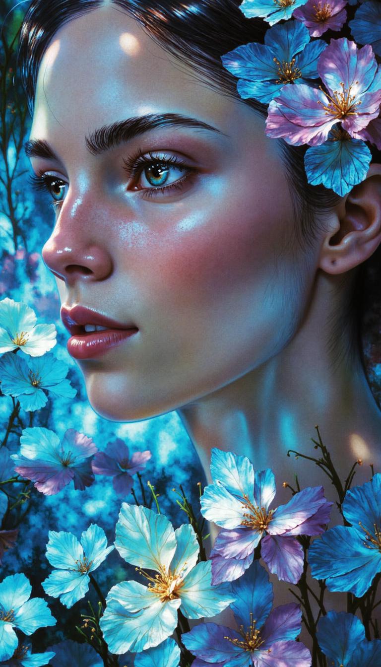 A woman with blue flowers in her hair and a blue background - SeaArt AI