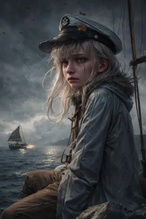 (RAW photo, 8k uhd, Analog style, Masterpiece, Best Quality, Highres:1.4), (dramatic, cinematic:1.2), BREAK,
shot of (80 yo:1.2) (old male:1.3) (fisherman:1.25) (sailor man:1.25) (sitting:1.1) (on deck:1.35) of (old dilapidated:1.2) (wooden sailboat:1.3), against railing, (from side:1.2), (stern face:1.2), (deep wrinkles:1.2), (gray long beard:1.3), (grey eyes:1.2), ((shabby:1.2) old (torn:1.15) (raincoat:1.1), brown (pants:1.1), (sailor hat:1.1) (sou'wester:1.2), jackboots:1.1), (lowered head:1.2), (tired sad expression:1.15), BREAK,
(stormy sea, gloomy dark clouds:1.2) on background, (splashes, water drops, rain:1.25), (seafoam:1.1), (flying white seagulls:1.25), (rocks, cliffs:1.3), (dark haze:1.2), (wet clothes:1.1), fishing (nets with fish:1.3) on deck, (ropes:1.1), (tense hopeless eerie atmosphere, cold, floes:1.2), BREAK,
(photorealistic:1.3), (rough details, (male focus:1.1):1.2), (desaturated, cold lighting:1.3), (hyperdetailed, absurdres:1.2), BREAK,
<lora:more_details:0.9>,
<lora:zoom_slider_v1:4.5>,
