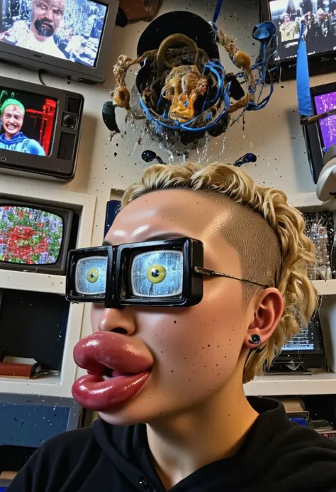 (((vaporwave collage))) of a (((lpb2k))) with shaved black hair in a buzzcut (with a cock in her mouth, pov blowjob), from above, palm trees, icons, menus, 1girl, 1boy <lora:redoOfPovbjer_v3:0.5> <lora:vaporbabe-F:0.8>