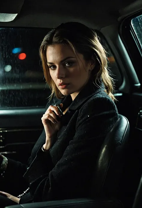 (Soft Lighting Photography by Mimoza Veliu and Mario Giacomelli:1.2), NSFW, A very beautiful female cybernetic hitman sitting in the backseat of a vintage mafia car, (cybernetic enhancements in her eye:1.1), sexy, pointing a gun at the backseat of the driver, rain tapping against the window, smoking a cigarette, their face calm and unreadable, eyes glowing faintly in the dim light, illuminated by neon signs outside, Low-angle shot from the side, moody and noir, (elaborately detailed attire with extraordinary elements:1.1), (hyperdetailed:1.1), (intricate details:1.0), (Refined details:1.1), (best quality:1.1), (high resolution:1.2)<lora:TWbabeXL01:0.6>