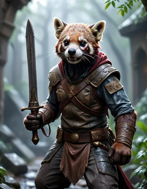(a anthro red panda_adventurer), (detailed leather outfit),holding sword ,searching for treasure, epic overgrown temple ruin, epic scene, lush plants,dynamic camera, backlight, (close up:1.3), high quality photography, 3 point lighting, flash with softbox, 4k, Canon EOS R3, hdr, smooth, sharp focus, high resolution, award winning photo, 80mm, f2.8, bokeh BREAK (masterpiece, best quality, ultra realistic, 4k, 2k, (intricate, high detail:1.2), film photography, soft focus, RAW photo, photorealistic, analog style, subsurface scattering, photorealism, absurd res), high quality photography, 3 point lighting, flash with softbox, 4k, Canon EOS R3, hdr, smooth, sharp focus, high resolution, award winning photo, 80mm, f2.8, bokeh , detailed, realistic, 8k uhd, high quality
