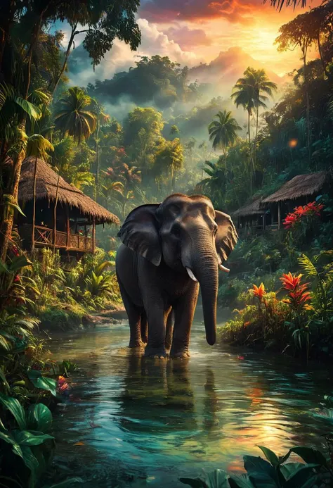 Create a photorealistic image in the style of Manolo Ty featuring a photograph of an Indonesian village, a rich and complex image of nature, a vibrant tissue of hues and textures captured digitally, best quality, double exposure, realistic, captivating, fantastical, splash art, intricately detailed, hyper detailed, maximalist style, photorealistic, concept art, sharp focus, harmony, serenity, calm, mysterious glow, dynamic lighting, masterpiece, superb composition, finest details, highest aesthetics, strong muted highlighter of fantastical jungle with village, lakeside, bathing elephant in lake, mystical glow, best quality, sharp focus, high contrast, stylized, clear, colorful, ultra quality, 8k, best quality, masterpiece,midjourneyv6.1