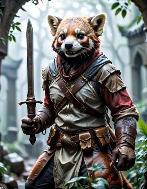 (a anthro red panda_adventurer), (detailed leather outfit),holding sword ,searching for treasure, epic overgrown temple ruin, epic scene, lush plants,dynamic camera, backlight, (close up:1.3), high quality photography, 3 point lighting, flash with softbox, 4k, Canon EOS R3, hdr, smooth, sharp focus, high resolution, award winning photo, 80mm, f2.8, bokeh BREAK (masterpiece, best quality, ultra realistic, 4k, 2k, (intricate, high detail:1.2), film photography, soft focus, RAW photo, photorealistic, analog style, subsurface scattering, photorealism, absurd res), high quality photography, 3 point lighting, flash with softbox, 4k, Canon EOS R3, hdr, smooth, sharp focus, high resolution, award winning photo, 80mm, f2.8, bokeh , detailed, realistic, 8k uhd, high quality