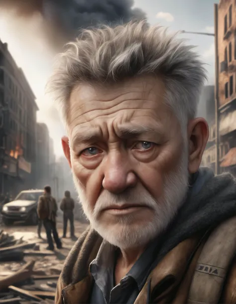 sad old man in a post apocalyptic destroyed city after nuclear blast, newdawn, closeup, high quality photography, 3 point lighting, flash with softbox, 4k, Canon EOS R3, hdr, smooth, sharp focus, high resolution, award winning photo, 80mm, f2.8, bokeh
, detailed, realistic, 8k uhd, high quality