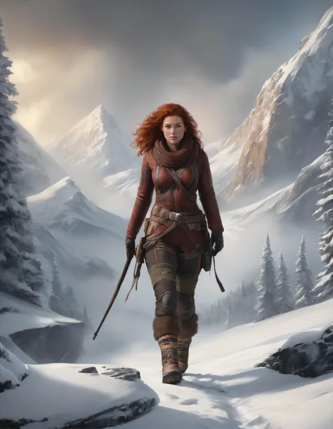 Portrait of an (red haired woman adventurer:1.2)), wearing skimpy Arctic winter clothing, RAW photo, (epic ice landscape), masterpiece, ((dieselpunk)), smoke, best quality, dynamic pos, ultra detailed, metal plates, rust, full body, fluid movement, light trail, dramatic lighting, red tone, short_hair, Photorealistic, Hyperrealistic, Hyperdetailed, analog style,soft lighting, subsurface scattering, realistic, heavy shadow, masterpiece, best quality, ultra realistic, 8k, High Detail, film photography, soft focus, (holding a gun), (closeup:1.2)
, detailed, realistic, 8k uhd, high quality