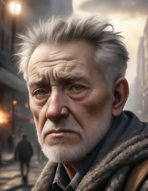 sad old man in a post apocalyptic destroyed city after nuclear blast, newdawn, closeup, high quality photography, 3 point lighting, flash with softbox, 4k, Canon EOS R3, hdr, smooth, sharp focus, high resolution, award winning photo, 80mm, f2.8, bokeh
, detailed, realistic, 8k uhd, high quality