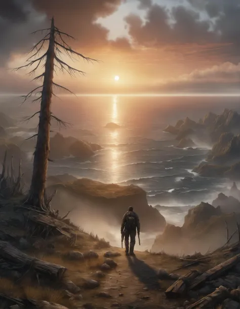 post-apocalyptic sunset at the end of the world of the new dawn aquarelle drawing , detailed, realistic, 8k uhd, high quality
, detailed, realistic, 8k uhd, high quality