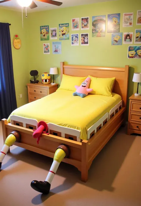 <lora:Custom_Bed_Manufacturer_FLUX:0.9> This is a photograph of a Spongebob Squarepants themed bedroom with a unique, Spongebob-shaped bed as the central focus, where his feet are at the foot of the bed and his body makes up the bed frame. The bed features turtle shell pillows, along with a stuffed toy of Patrick Star. The wall is full of posters of Squidward.