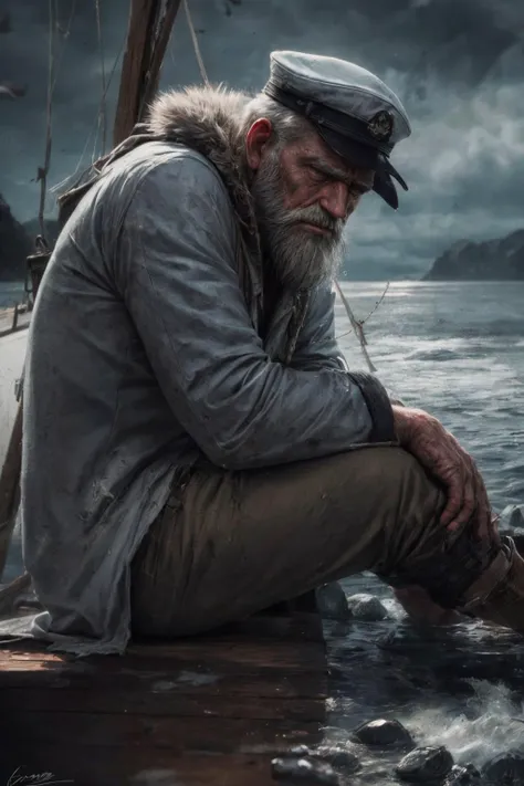 (RAW photo, 8k uhd, Analog style, Masterpiece, Best Quality, Highres:1.4), (dramatic, cinematic:1.2), BREAK,
shot of (80 yo:1.2) (old male:1.3) (fisherman:1.25) (sailor man:1.25) (sitting:1.1) (on deck:1.35) of (old dilapidated:1.2) (wooden sailboat:1.3), against railing, (from side:1.2), (stern face:1.2), (deep wrinkles:1.2), (gray long beard:1.3), (grey eyes:1.2), ((shabby:1.2) old (torn:1.15) (raincoat:1.1), brown (pants:1.1), (sailor hat:1.1) (sou'wester:1.2), jackboots:1.1), (lowered head:1.2), (tired sad expression:1.15), BREAK,
(stormy sea, gloomy dark clouds:1.2) on background, (splashes, water drops, rain:1.25), (seafoam:1.1), (flying white seagulls:1.25), (rocks, cliffs:1.3), (dark haze:1.2), (wet clothes:1.1), fishing (nets with fish:1.3) on deck, (ropes:1.1), (tense hopeless eerie atmosphere, cold, floes:1.2), BREAK,
(photorealistic:1.3), (rough details, (male focus:1.1):1.2), (desaturated, cold lighting:1.3), (hyperdetailed, absurdres:1.2), BREAK,
<lora:more_details:0.9>,
<lora:zoom_slider_v1:4.5>,