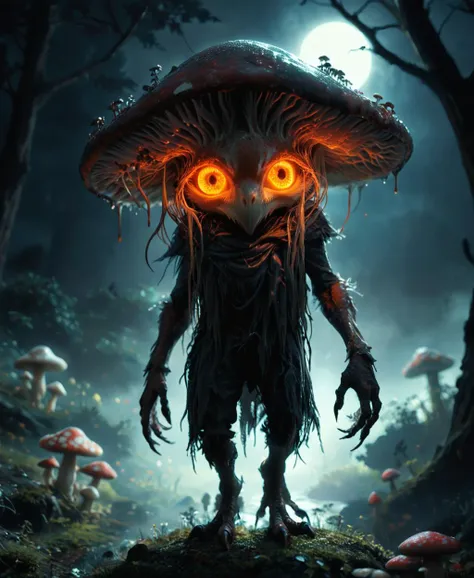 elden ring style, scary mythical mushroom-headed monster with multiple glowing eyeballs on whole body, big mushroom instead of head, sharp talons, he is looking like chimera of slime with bones inside and mushroom, night, moonlight, chromatic aberration and film grain, fantasy <lora:sxz-eldenring-aitoolkit-flux:1>