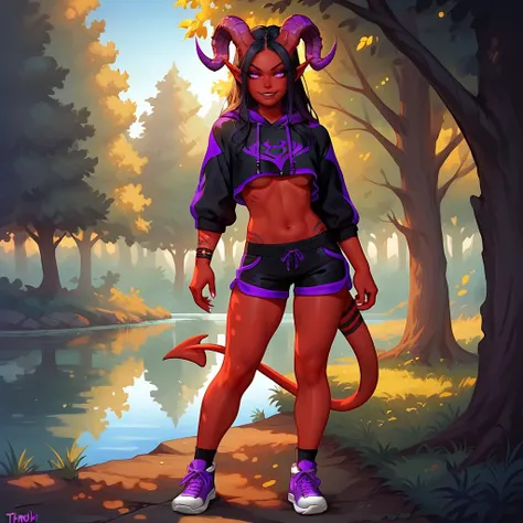 score_9, score_8_up, score_8_up, (full body, full shot), tiefling, (1woman, solo:1.3), facing viewer, dynamic pose, 18-year-old woman, sexy, perky breasts, red skin, very long black hair, makeup, elf ears, (small ram horns, (purple ram horns):1.4), purple eyes, (long devil tail), standing, (flirty smirk), (black cropped long-sleeved hoodie sweatshirt with purple trim), underboob, black athletic shorts with purple trim, chunky purple sneakers, park with a lake, sunshine, <lora:H0rnsXLP:1> <lora:add-detail-xl:0.8> <lora:soft touch style - Pony v1.0:1>