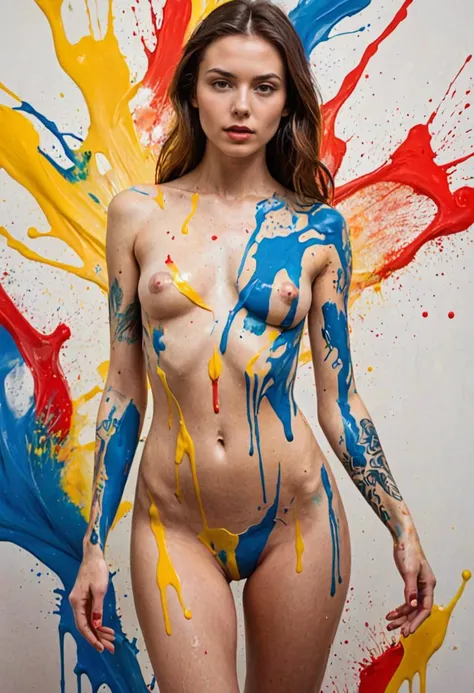 (NSFW:1.2), 1 20- year old nude girl, feature, Ambilight, slender waist, (blue tattoo, red, yellow and white Paint poured on the body:1.3), (fingernails:1.2), (splash, brushwork:1.5),double exposure, fusion of fluid abstract art,(original illustration composition),( fusion of limited color, maximalism artstyle, geometric artstyle)<lora:TWbabeXL01:0.6>