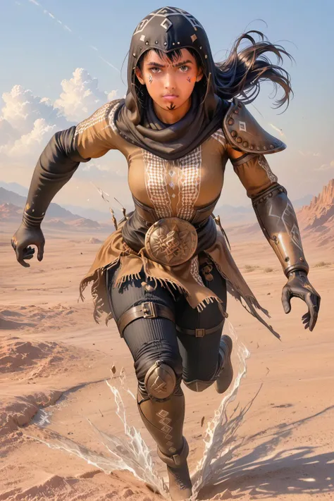 score_9, score_8_up, score_7_up, rating_safe, commission, source_anime, solo, ((full body)), ((running)), ((sand storm)), desert, dynamic angle, dynamic pose,
<lora:Fatandira_PonyXL:0.8> face tattoo, Fatandira, armor, hood, dark skin, dark-skinned woman, swinging arms,
masterpiece,best quality,
<lora:RinSin:1> rinsin,
expressiveh <lora:Expressive_H-000001:0.6>,
32k, (Masterpiece:1.0),(High Detailed Skin:1.0),( High Quality:1.0), (Detailed Realistic Background:1.3), (Official Art, Beautiful and Aesthetic:1.2), (Realistic Lighting:1.0), high detailed, high quality, masterpiece, no text, quality highlights, 8k detail, detailed background, ultra-detailed, beautiful eyes, (ultra detailed face),
<lora:detail_eyes-000019:0.1> detail1eye,
<lora:StS_PonyXL_Detail_Slider_v1.4_iteration_3:3>, <lora:Detailed anime style - SDXL_pony:0.6>,
Details extra++ <lora:checkpoint-e18_s342:0.5>,