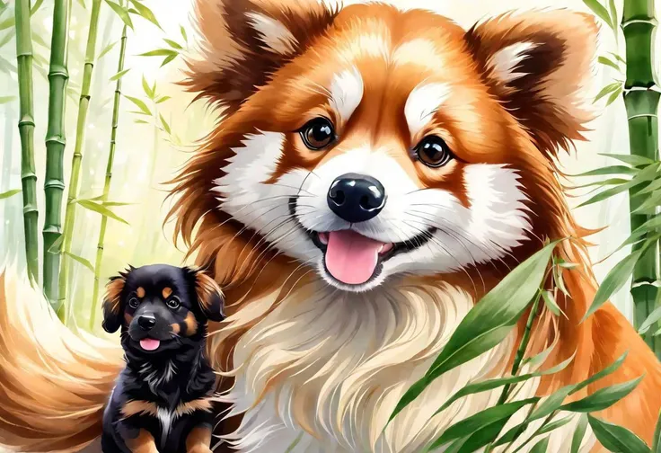 red panda, dog, round face, big head, cocker spaniel, daschund, bamboo forest, cute, fluffy, watercolor, pretty eyes, loving eyes, playful, akita inu, glossy fur, curly fur,