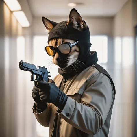 a cat, ((bank robber)),wearing a balaclava, holding a gun, epic scene, dynamic camera, backlight, high quality photography, 3 point lighting, flash with softbox, 4k, Canon EOS R3, hdr, smooth, sharp focus, high resolution, award winning photo, 80mm, f2.8, bokeh