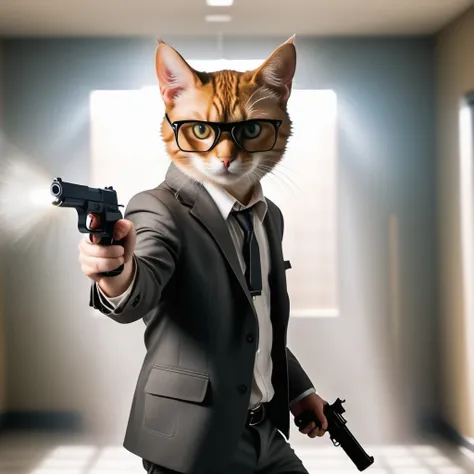 a cat, ((bank robber)),wearing a balaclava, holding a gun, epic scene, dynamic camera, backlight, high quality photography, 3 point lighting, flash with softbox, 4k, Canon EOS R3, hdr, smooth, sharp focus, high resolution, award winning photo, 80mm, f2.8, bokeh