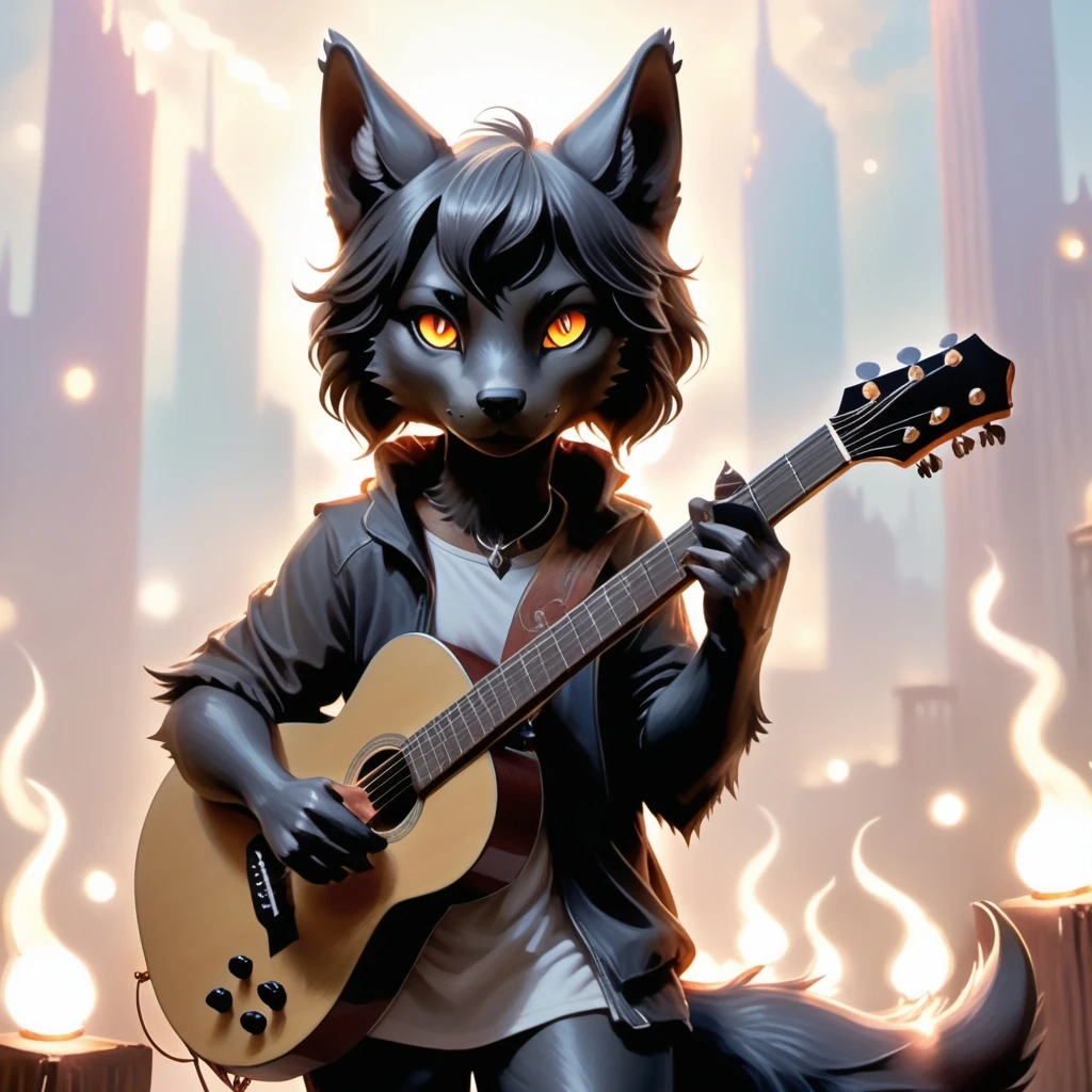 ethereal fantasy concept art of (Highest Quality, 4k, masterpiece:1.1), (realism, photorealistic:1.4), ray traced, hyper realism, soft lighting, detailed background, film grain, (detailed fur texture:1.3),
BREAK
((black metal)) anthro shiba inu plays his guitar on the last day on earth ,(wearing black metal outfit),(( post-apocalyptic destroyed dieselpunk city background)) , fangs , angry, paws,(new dawn), (aurora borealis) , closeup, high quality photography, 3 point lighting, flash with softbox, 4k, Canon EOS R3, hdr, smooth, sharp focus, high resolution, award winning photo, 80mm, f2.8, bokeh . magnificent, celestial, ethereal, painterly, epic, majestic, magical, fantasy art, cover art, dreamy