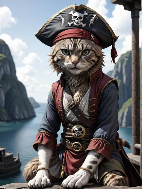 a cute anime cat that wearing a pirate outfit like in the one piece manga, detailed, realistic, 8k uhd, high quality