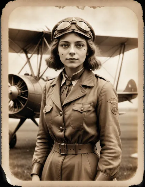 1914 photo of a female biplane pilot, 1900 pilot outfit, in a sepia style , ((old photo style)) , (( made with an  bellows camera)), the borders of the photo a damaged (old photo)