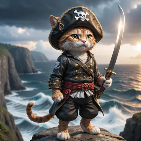 a cute cat pirat one piece outfit wearing a staw hat he is raising his saber and is standing on a cliff and is looking down on an stormy ocean a new dawn is rising on the horizont, high quality photography, 3 point lighting, flash with softbox, 4k, Canon EOS R3, hdr, smooth, sharp focus, high resolution, award winning photo, 80mm, f2.8, bokeh