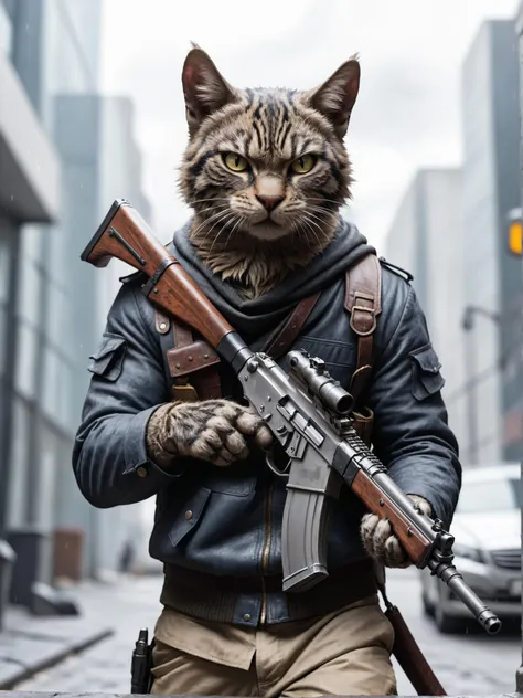 a cat bankrobber is holding an ak47 storming towards the viewer, detailed, realistic, 8k uhd, high quality