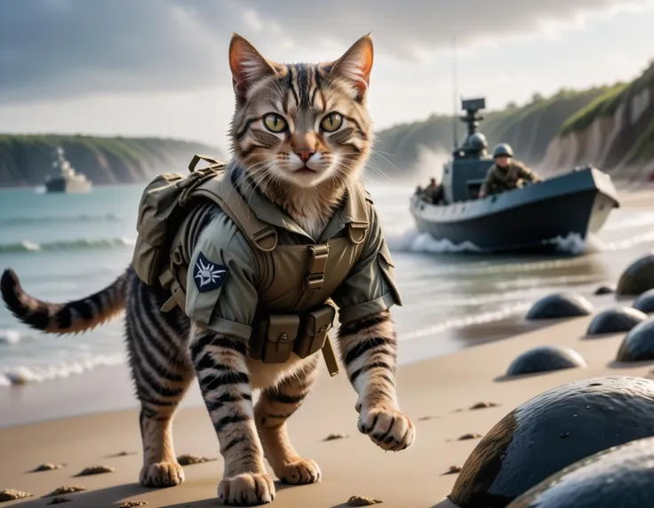 cinematic film still a cute cat soldier is storming omaha beach after the landing craft reached land , heavy gunfire towards the boat from the coast, high quality photography, 3 point lighting, flash with softbox, 4k, Canon EOS R3, hdr, smooth, sharp focus, high resolution, award winning photo, 80mm, f2.8, bokeh . shallow depth of field, vignette, highly detailed, high budget, bokeh, cinemascope, moody, epic, gorgeous, film grain, grainy