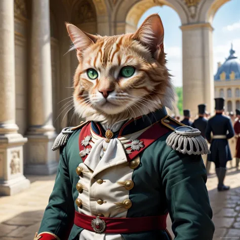 professional photograph of a humanoid cute cat wearing Napoleon's military suit, standing inside Versailles, lovely ginger cat with green eyes, the palace is very detailed. Sunny day, crowd of animal-people in the background, 1800s, photoreal, photorealistic, high quality.