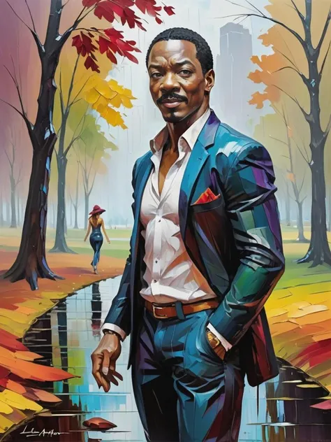 leonid afremov style, (an expressive oil painting:1.1), (henry asencio style:1.0),highly detailed, vibrant colorful, Eddie Murphy in the autumn park after the rain
