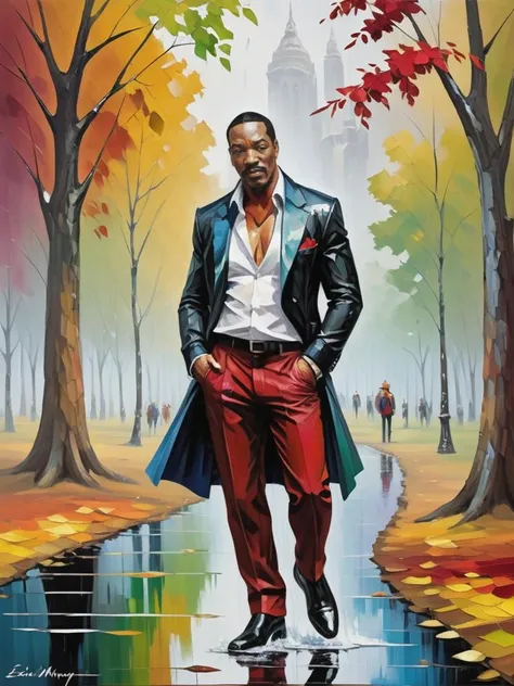 leonid afremov style, (an expressive oil painting:1.1), (henry asencio style:1.0),highly detailed, vibrant colorful, Eddie Murphy in the autumn park after the rain