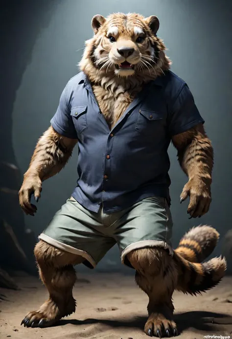 anthro, [tiger:otter:0.198], ((sea otter-tiger hybrid)), male, thick beefy body build, chubby, round belly, ((otter tail)), ((wearing shorts)), thick body, ((thick legs, long legs)),  (((Thick hirsute fur, fur covered torso, furry chest, densely furry belly, ))), BREAK, (unreal engine:1.5), (masterpiece, best quality, ultra realistic, 4k, 2k, (high detail:1.3), film photography, soft focus, RAW photo, photorealistic, analog style, subsurface scattering, photorealism, absurd res) <lora:fluffyrock-quality-tags-v2.1.1-vpred:1>