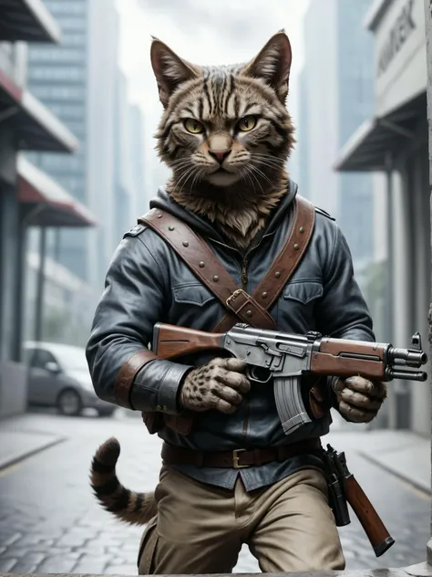 a cat bankrobber is holding an ak47 storming towards the viewer, detailed, realistic, 8k uhd, high quality