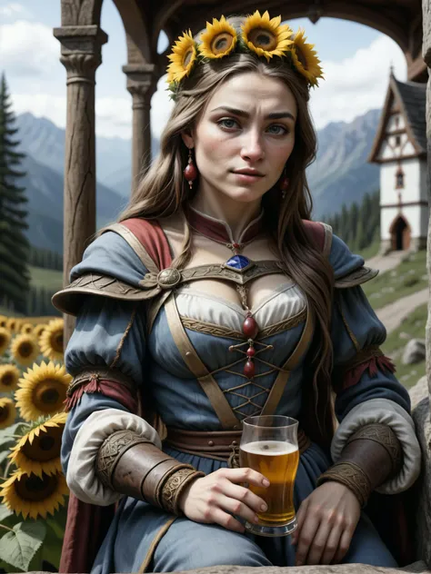 a medival princess sqatting like a gopnik drink wodka and chew sunflower seeds, detailed, realistic, 8k uhd, high quality