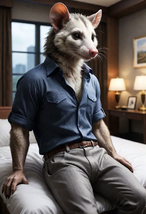 anthro, Male, ((opossum)), male, thick beefy body build, opossum tail, thick body, ((thick legs, long legs)), (( wearing shirt, wearing pants))), laying back , hotel room background,
BREAK, (unreal engine:1.5), (masterpiece, best quality, ultra realistic, 4k, 2k, (high detail:1.3), film photography, soft focus, RAW photo, photorealistic, analog style, subsurface scattering, photorealism, absurd res)