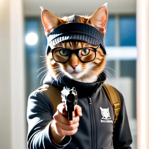 a cat, ((bank robber)),wearing a balaclava, holding a gun, epic scene, dynamic camera, backlight, high quality photography, 3 point lighting, flash with softbox, 4k, Canon EOS R3, hdr, smooth, sharp focus, high resolution, award winning photo, 80mm, f2.8, bokeh