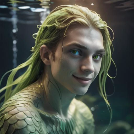 a beautiful mermaid is a man in scales with a long tail among long algae, fair skin, young facial features, huge green eyes, smile, long green hair fluttering in the water, underwater world, lots of long algae, small fish and crustaceans swimming around, the water is transparent, Small particles floating around the head create a surreal atmosphere mysterious contemplation. professional color reproduction, soft shadows, no contrast, clean and clear focus, film shooting; HDR, 4k; in neon colors, official art, the highest quality, high detail, dynamic, shiny metallic, energy waves, explosions, lights. three-dimensional light, fully symmetrical, lutens-twill, neon colors