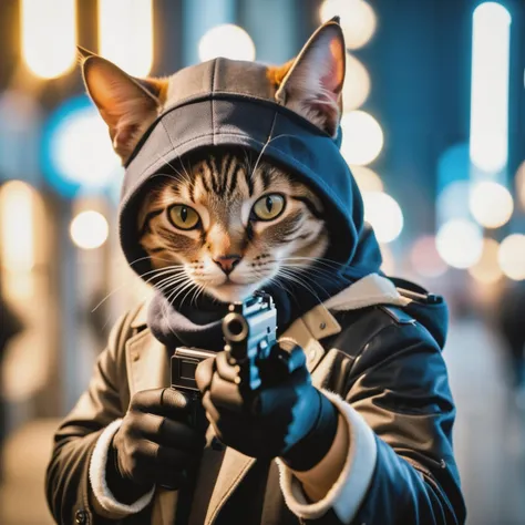 cinematic photo a cat, ((bank robber)),wearing a balaclava, holding a gun, epic scene, dynamic camera, backlight . 35mm photograph, film, bokeh, professional, 4k, highly detailed