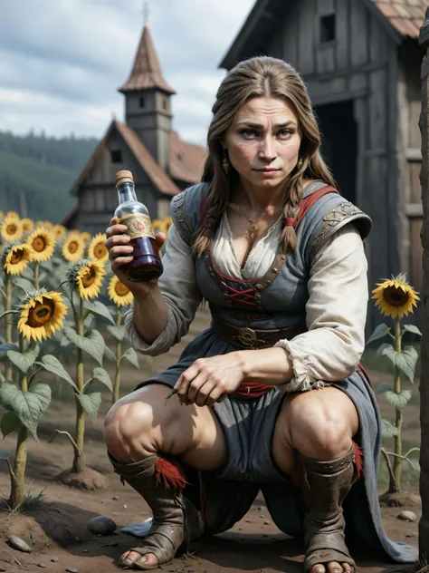 a medival princess squatting like a gopnik, drink "gopnik" wodka, and sunflower seeds at the ground, detailed, realistic, 8k uhd, high quality