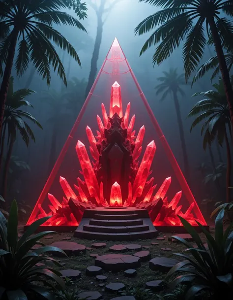 in the center of a jungle is a wide clearing
a huge clear pyramid shaped object with a flat top is in the clearing,
inside the clear pyramid are red glowing crystalline structures, the red crystals emit an eerie glow, the light is almost blood coloured
the pyramid is tall enough to be stand clear of the tallest trees
on the flat top of the pyramid is an altar with stairs leading to it