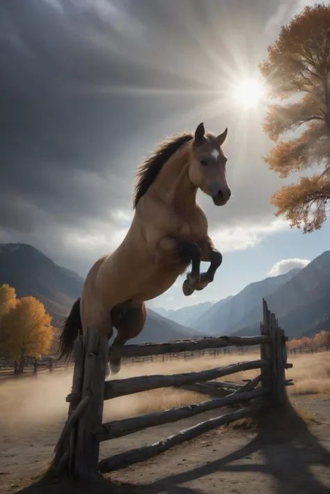 Buckskin horse jumping over old broken wood fence, shot from under, sunrays shining through clouds, autumn, mountains, ray tracing, professional photography, ultrarealistic, real life, <lora:add_detail:1>