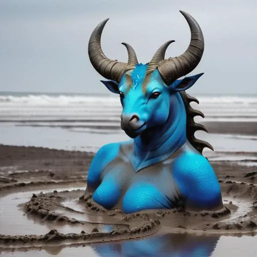 Demon woman with gray skin long red hair big horns big boos and ass on the beach naked on the beach showing your foots looking at camera and very exited