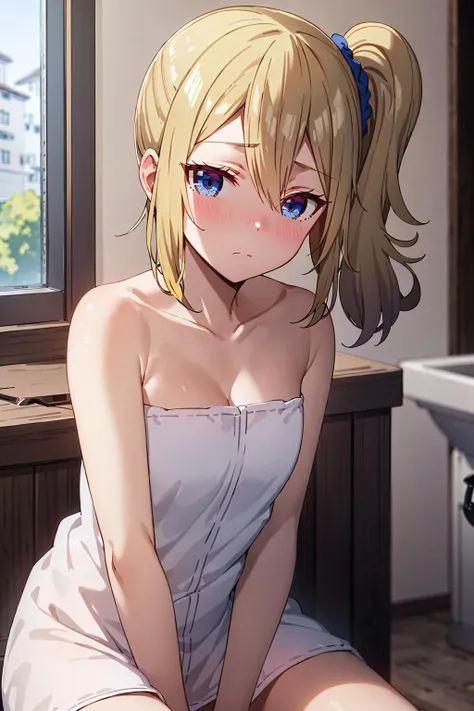best quality, (masterpiece:1.2), detailed,
<lora:chara_Kaguya-samaWaKokurasetai_HayasakaAi_v1:0.8>,
1girl, solo, expresionless, closed mouth, light blush,
blonde hair, blue eyes, side ponytail, scrunchie,
towel,
sitting, looking at the viewer,
bathroom, bath, water, fog