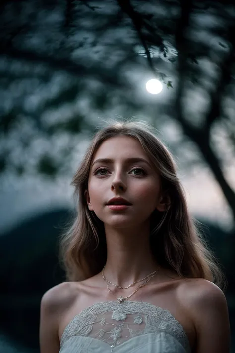 GoldieB_SoloTI_v1,
(Sheer chiffon blouse billowing in the gentle breeze, adorned with delicate lace trimmings, a single rose tucked behind her ear, a vintage locket dangling from a delicate chain around her neck),
(Moonlight dances on the tranquil surface of the lake, a symphony of crickets serenades the night, a canopy of stars twinkles overhead, whispers of romance linger in the air:1.3),
(seductive:1.3),(analog, cinematic, film grain, hazy atmosphere, cinematic shot:1.3),
<lora:add_detail:0.8>,<lora:LowRa:0.2>, PA7_Portrait-MCU,