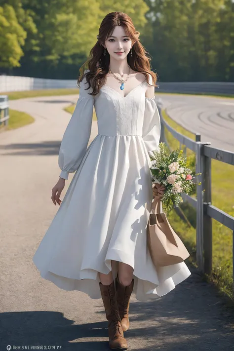 best quality, ultra high res, 8k, RAW photo-realistic, real person, high detail color photo, perfect anatomy, solo, tall Slender body, small_hips, slender face, small_eyes, beautiful woman, smile, thin and soft hair, half updo medium hair, <lora:jpcosermix-000008:0.4>, (kawaii_jpn:0.1), motorsports, Formula one, motoGP,
BREAK
necklace, race_queen, ensemble costume is collarless_top and skirt_set and boots, clothes writing, (Poseing:0.8), symmetrical eyes, ultra-detailed face, ultra-realistic detailed eyes, ultra-detailed hair texture, ultra-detailed skin texture,
