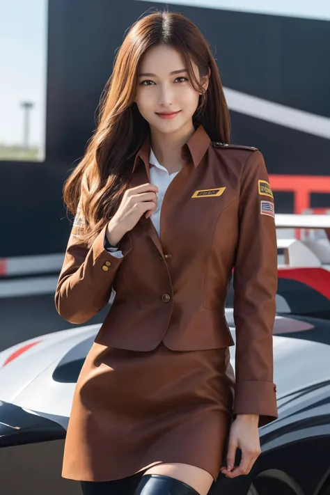 best quality, ultra high res, 8k, RAW photo-realistic, real person, high detail color photo, perfect anatomy, ultra-detailed skin texture, ultra-detailed face, ultra-realistic detailed eyes, ultra-detailed hair texture, Formula-1, racing circuit, <lora:jpcosermix-000008:0.4>,
BREAK
solo, tall body, small_hips, slender face, small_eyes, beautiful woman, smile, thin and soft hair, (half updo medium hair:0.9), race_queen, skirt sleeve costume, thigh_boots, put on jacket, partially_unbuttoned, Poseing,