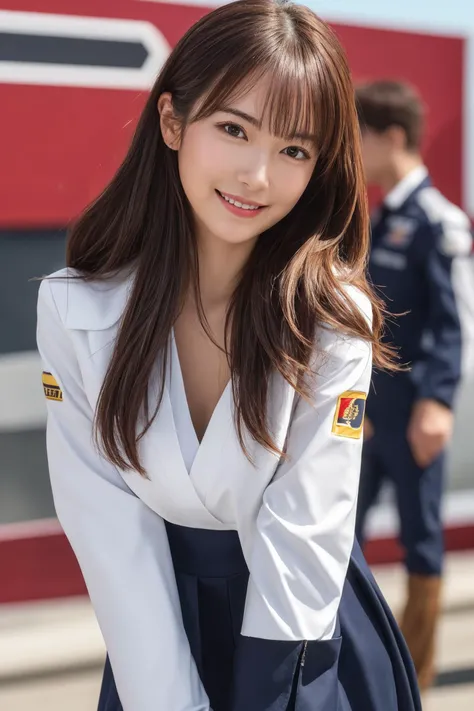 best quality, ultra high res, 8k, RAW photo-realistic, real person, high detail color photo, perfect anatomy, ultra-detailed skin texture, ultra-detailed face, ultra-realistic detailed eyes, ultra-detailed hair texture, Formula-1, racing circuit, <lora:jpcosermix-000008:0.4>,
BREAK
solo, tall body, small_hips, slender face, small_eyes, beautiful woman, smile, thin and soft hair, (half updo medium hair:0.9), race_queen, skirt sleeve costume, thigh_boots, put on jacket, partially_unbuttoned, Poseing,
