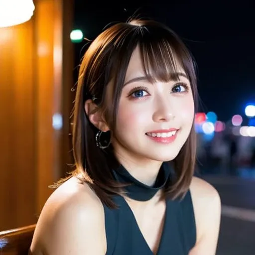 (8k, best quality, masterpiece:1.2), (realistic, photo-realistic:1.37), ultra-detailed, 1 girl,cute, solo,midnight,beautiful detailed sky,detailed cafe,sitting,dating,(nose blush),(smile:1.15),(closed mouth) small breasts,beautiful detailed eyes,floating hair NovaFrogStyle,backless dress
