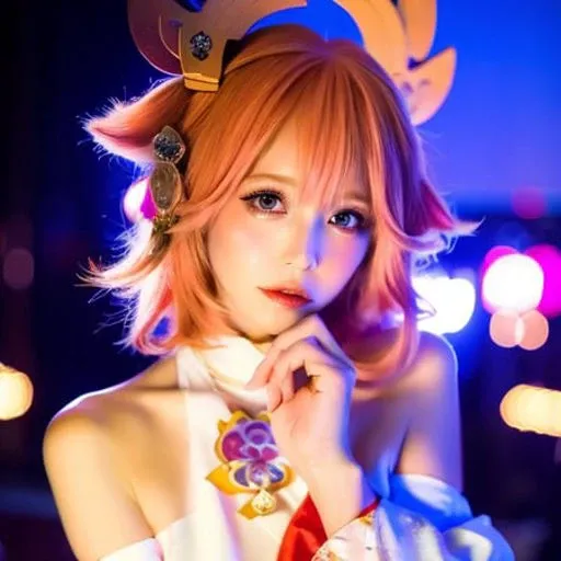 (((raw photo,8k))),(photorealistic:1.3),(masterpiece), (best quality), ultra high res, (best illustration), photon mapping,radiosity,best shadow, full-body shot ,portrait,(((natural light))),backlighting,(solo:1.5),1girl,(yae_sakura),yae miko, detached sleeves, bare shoulders, (pink hair:1.3), long hair, (hair ornament:1.35), jewelry, purple eyes, earrings, breasts, torii, cherry blossoms, lantern light, depth of field, detailed face, ribbon_trim,beautiful detailed (purple eyes:1.3),blush,medium breasts,(highly detailed face), looking at viewer, pov dating, smooth,(bokeh:1.4), , photographed with a nikon d850, Nikon AF-S nikkor 58mm f/1.4G lens,<lora:japanesecoser:0.8> <lora:yaeMikoRealistic_yaemikoMixed:0.8>