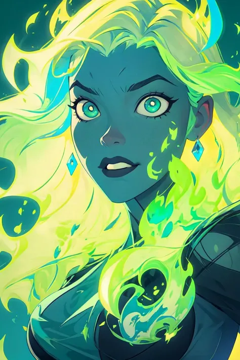 fire_lit_DC, green glow, fire_lit_DC, 1girl, green glow, upper body, long hair, smug, holding green fireball, magic, (cute pose:1.2), (realistic:1.2), (masterpiece:1.2), (full-body-shot:1.2),(Cowboy-shot:1.2), neon lighting, dark romantic lighting, (highly detailed:1.2),(detailed face:1.2), (gradients), colorful, detailed eyes, (detailed landscape:1.2), (natural lighting:1.2),(detailed background), detailed landscape, solo, <lora:fire_lit_DC_v1-10:0.9> <lora:add_detail:0.15> <lora:hipoly3DModelLora_v10:0.05>  <lora:RSERomantic_RSESofiko_RSEEmma-v1:0.1> <lora:BeautifulEyes:0.65> <lyco:coloredSkin-08:0.3>