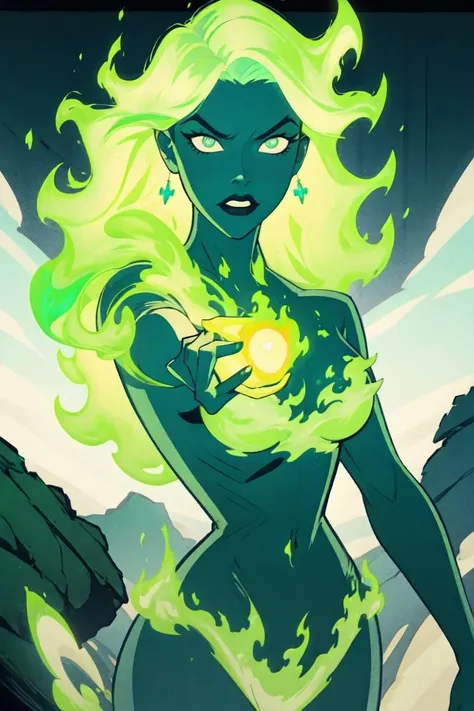 fire_lit_DC, green glow, fire_lit_DC, 1girl, green glow, upper body, green glowing hair, long hair, smug, holding green fireball, magic, green fire environment, green background, (dynamic pose:1.2), (realistic:1.2), (masterpiece:1.2), (full-body-shot:1.2),(Cowboy-shot:1.2), neon lighting, dark romantic lighting, (highly detailed:1.2),(detailed face:1.2), (gradients), colorful, detailed eyes, (detailed landscape:1.2), (natural lighting:1.2),(detailed background), detailed landscape, solo, <lora:fire_lit_DC_v1-10:0.75> <lora:add_detail:0.15> <lora:hipoly3DModelLora_v10:0.05>  <lora:RSERomantic_RSESofiko_RSEEmma-v1:0.1> <lora:BeautifulEyes:0.65> <lyco:coloredSkin-08:0.3>