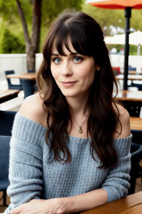 zoeyd1 piercing eyes, looking straight, very happy,long hair, wearing an off-shoulder sweater, choker, closeup portrait, in a outdoor cafe in 2015, afternoon light